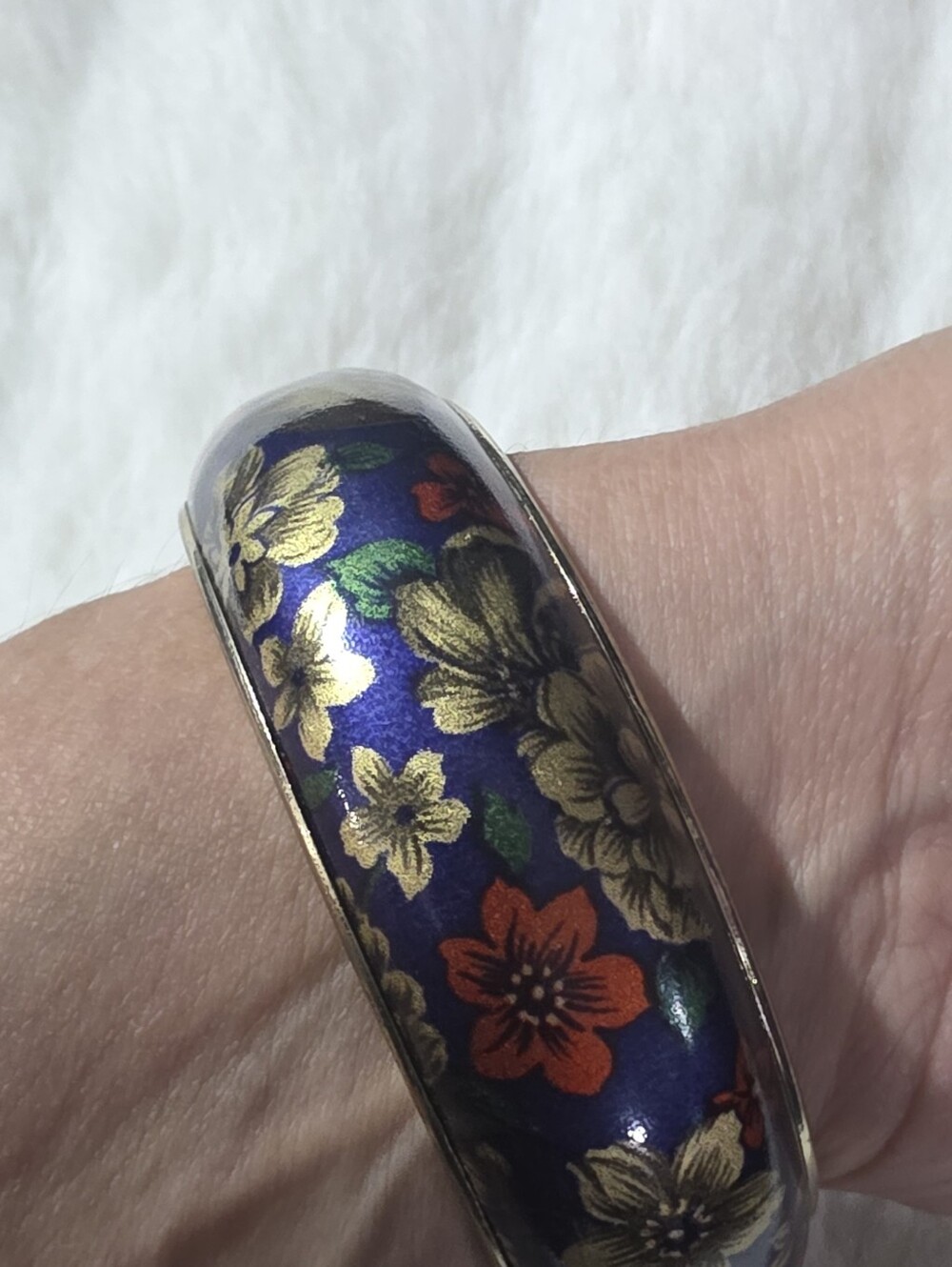 Blue and Gold Floral Cloisonné Bangle Bracelet.  Vintage